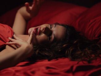 Seductive woman lying on red satin cloth in bed.