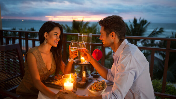 Young couple enjoying a romantic dinner by candlelight, outdoor